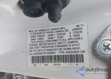 2015 Honda Civic Se from USA, damaged, VIN 2HGFB2F72FH550942